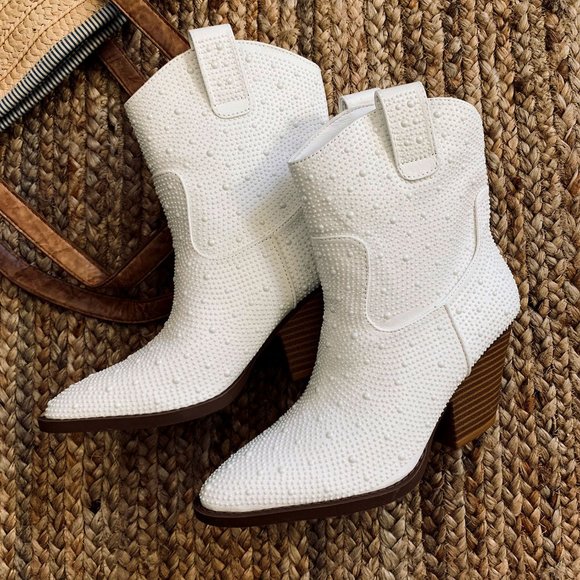 NEW🔥Ivory Faux Pearl Embellished Cowboy Cowgirl Western Heel Ankle Booties Boot - Picture 8 of 12